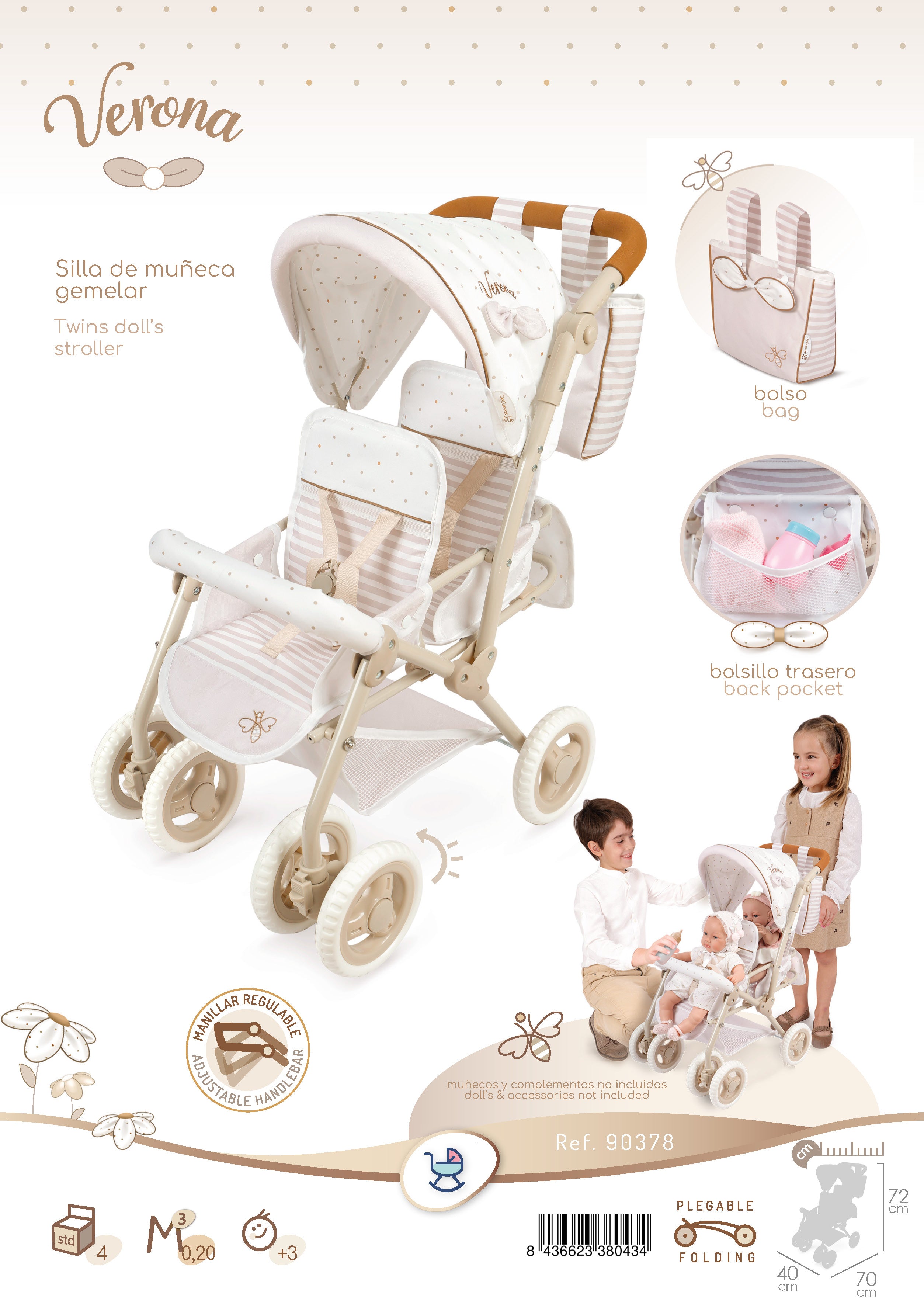 DeCuevas Toys Verona Folding Twin Doll Pram with Bag