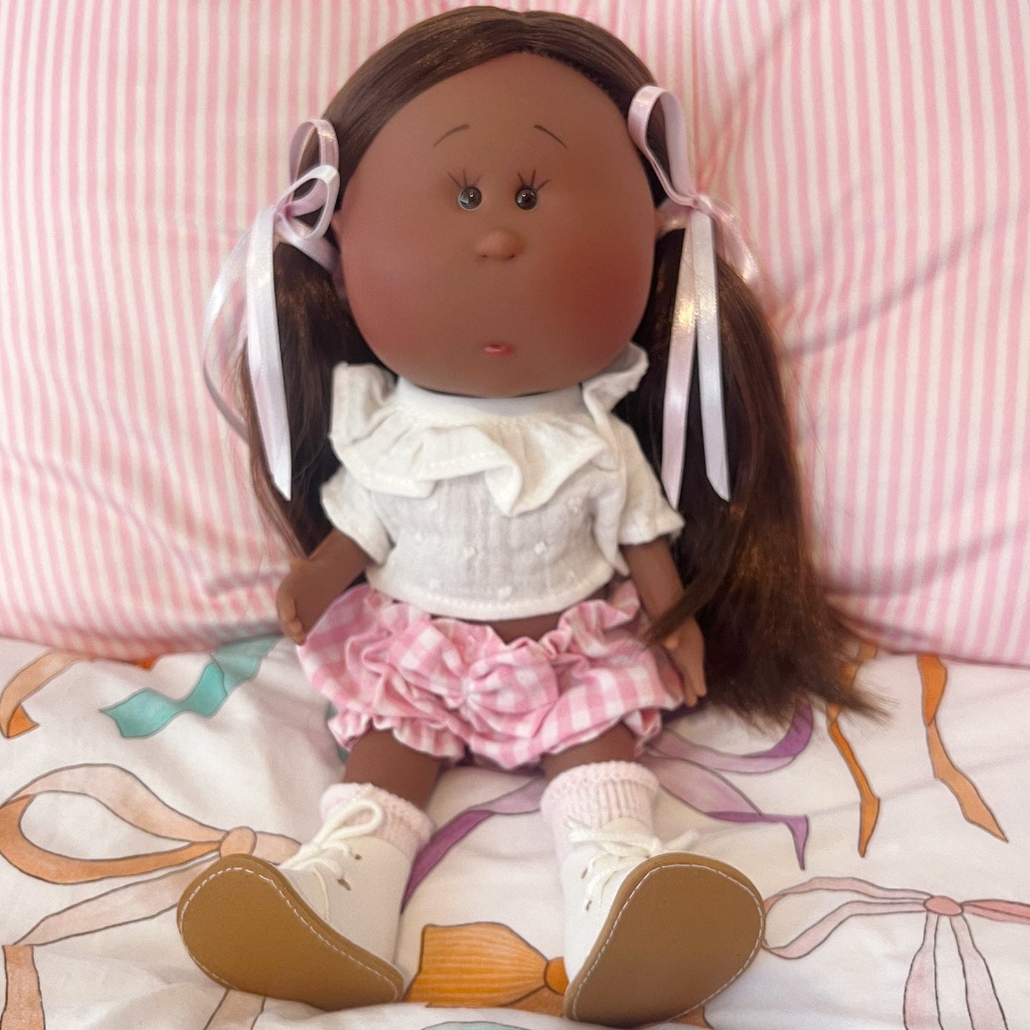 Handcrafted Collectible Mia Pink Vichy African Doll by Nines D&