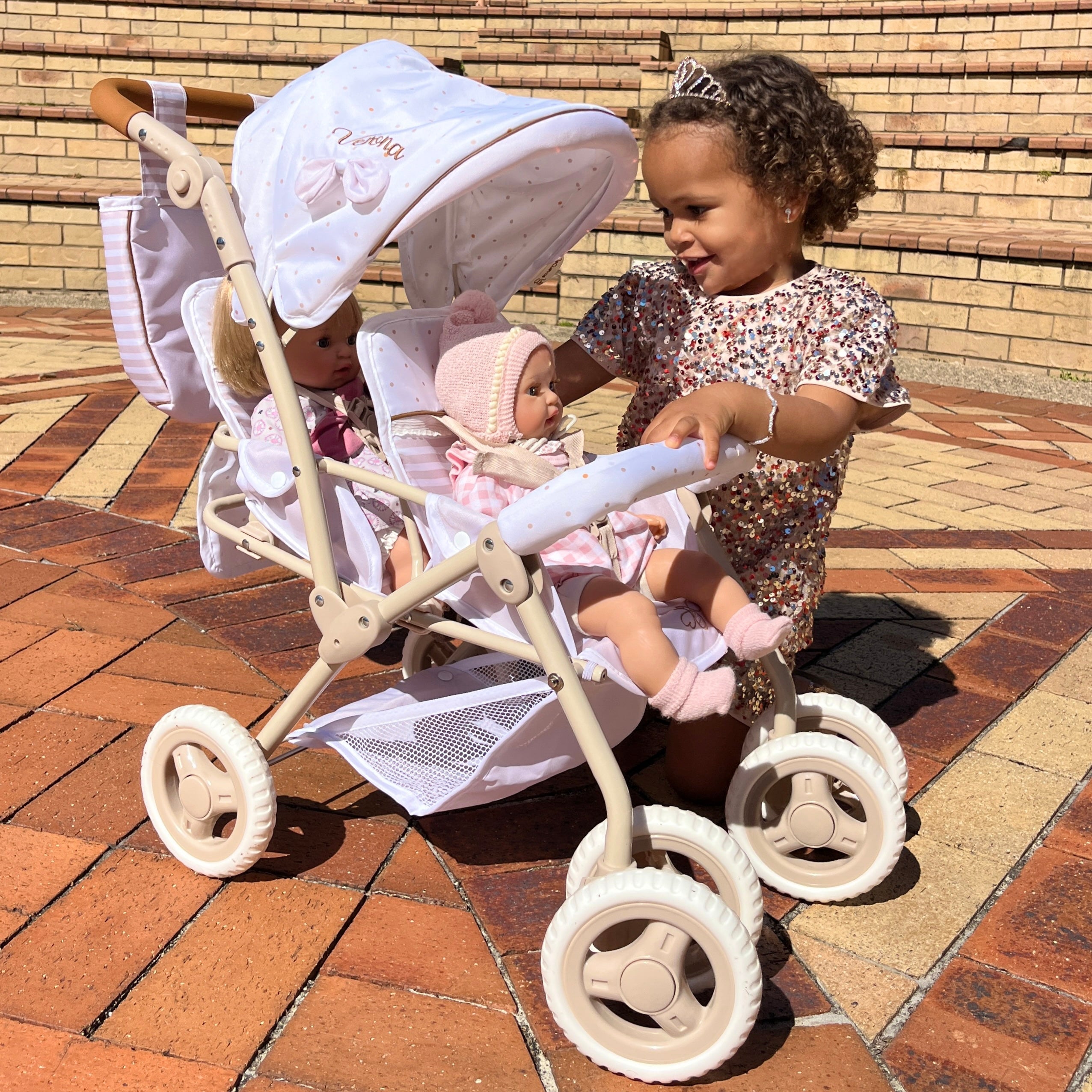 DeCuevas Toys Verona Folding Twin Doll Pram with Bag