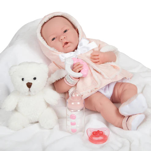 La Newborn Doll in Pink Coat and Outfit with Teddy Bear