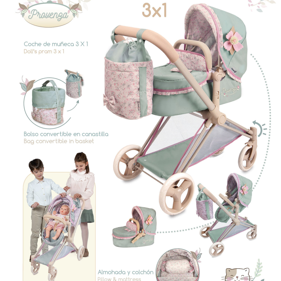 DeCuevas Toys Provence 3 in 1 Doll Pram