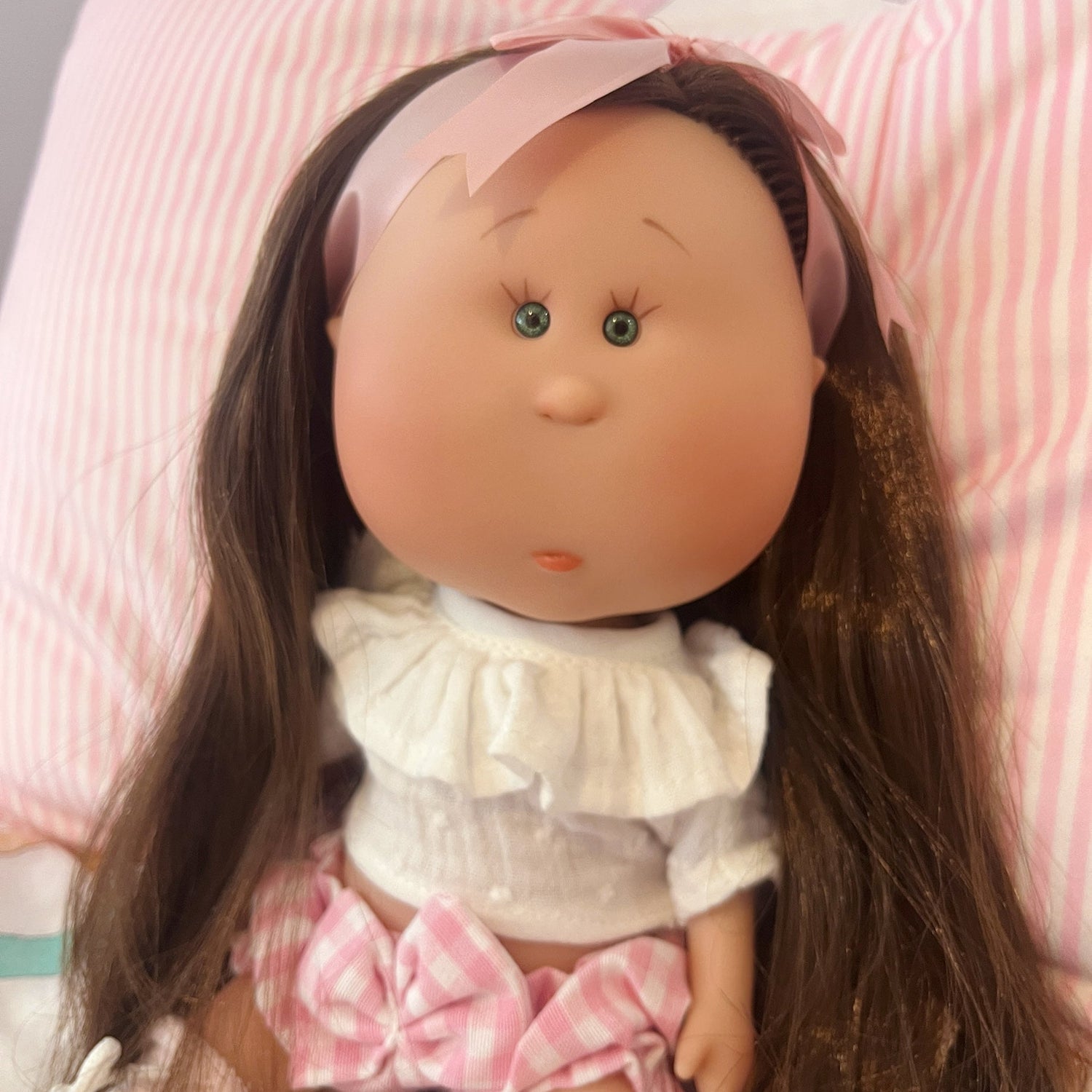 Handcrafted Collectible Mia Pink Vichy African Doll by Nines D&