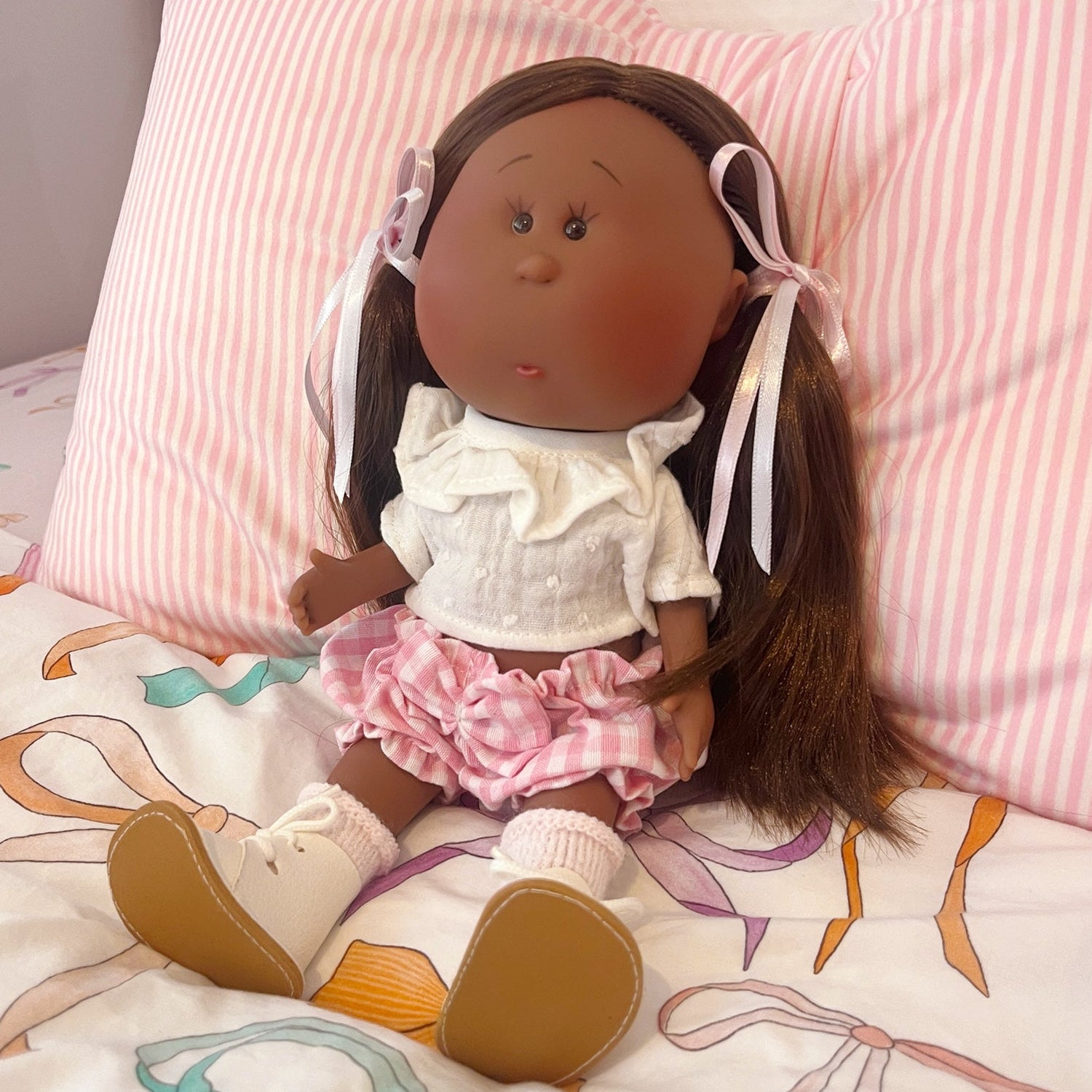 Handcrafted Collectible Mia Pink Vichy African Doll by Nines D&