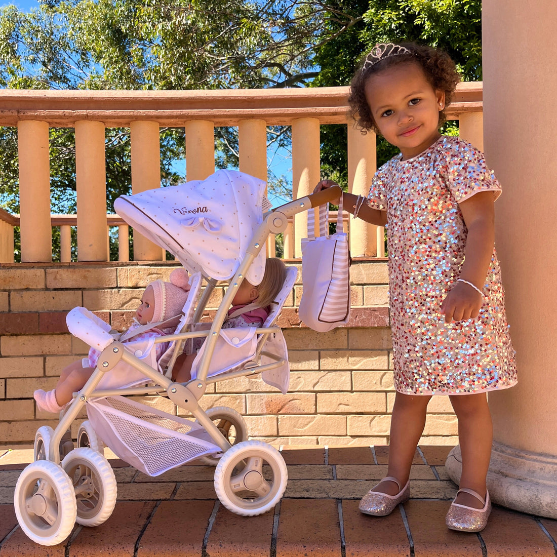 DeCuevas Toys Verona Folding Twin Doll Pram with Bag